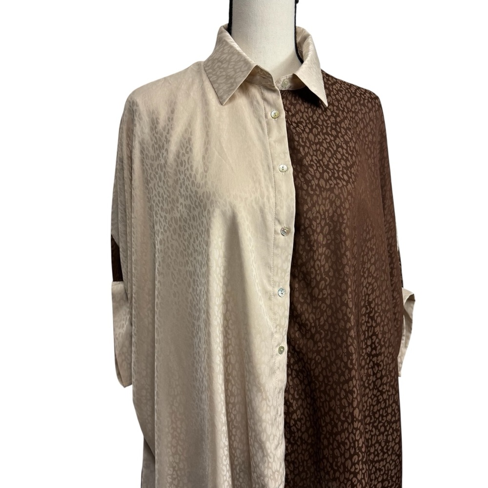 Entro Cream Brown Leopard Animal Print Button Up Blouse S/M - Picture 2 of 7